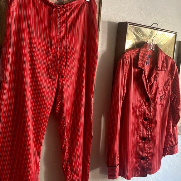 RALPH LAUREN CHAPS RED STRIPE SILKY LS BUTTON DOWN TOP DRAWSTRING PJ PANTS SET M - Picture 6 of 17
